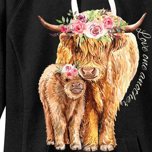 Highland Cattle Lover Cow Calf Farm Love One Another Cute Women's Fleece Hoodie