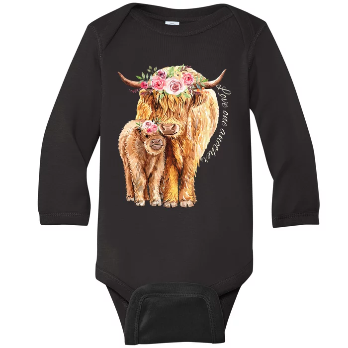 Highland Cattle Lover Cow Calf Farm Love One Another Cute Baby Long Sleeve Bodysuit