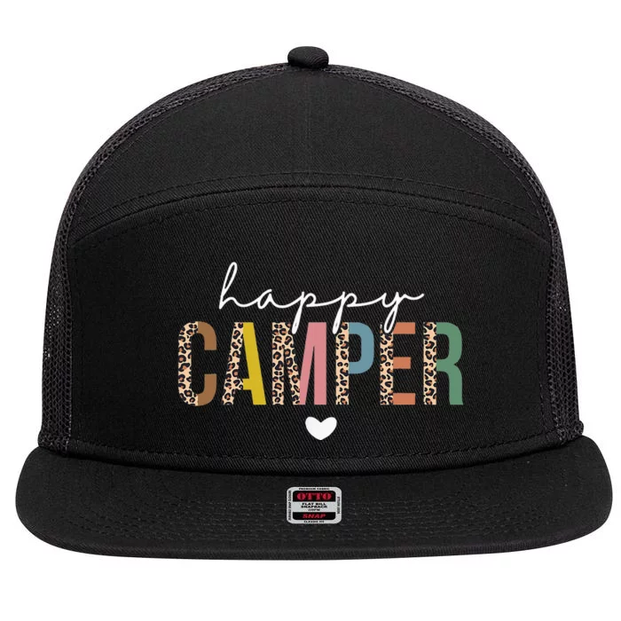 Happy Camper Leopard Camping Lover Outdoor Activities Camper 7 Panel Mesh Trucker Snapback Hat