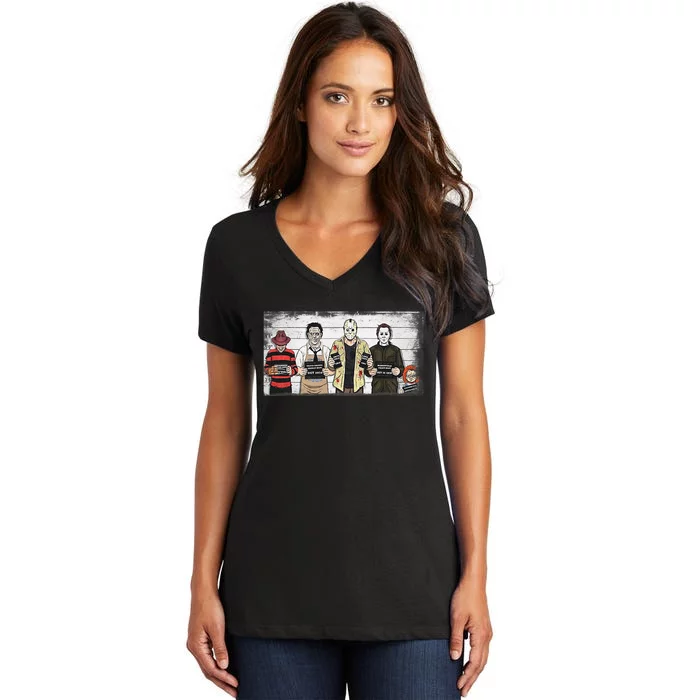 Halloween Creepy Legends Killer Mugshots Horror Fan Women's V-Neck T-Shirt