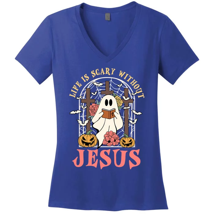 Halloween Christian Life Is Scary Without Jesus Lover Groovy Cute Gift Women's V-Neck T-Shirt