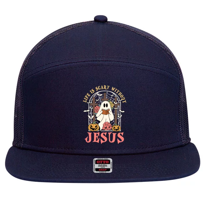 Halloween Christian Life Is Scary Without Jesus Lover Groovy Cute Gift 7 Panel Mesh Trucker Snapback Hat