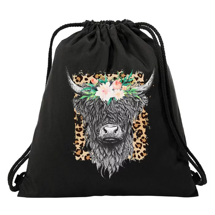 Highland Castle Leopard Flower Cow Western Cowhide Cowgirl Drawstring Bag