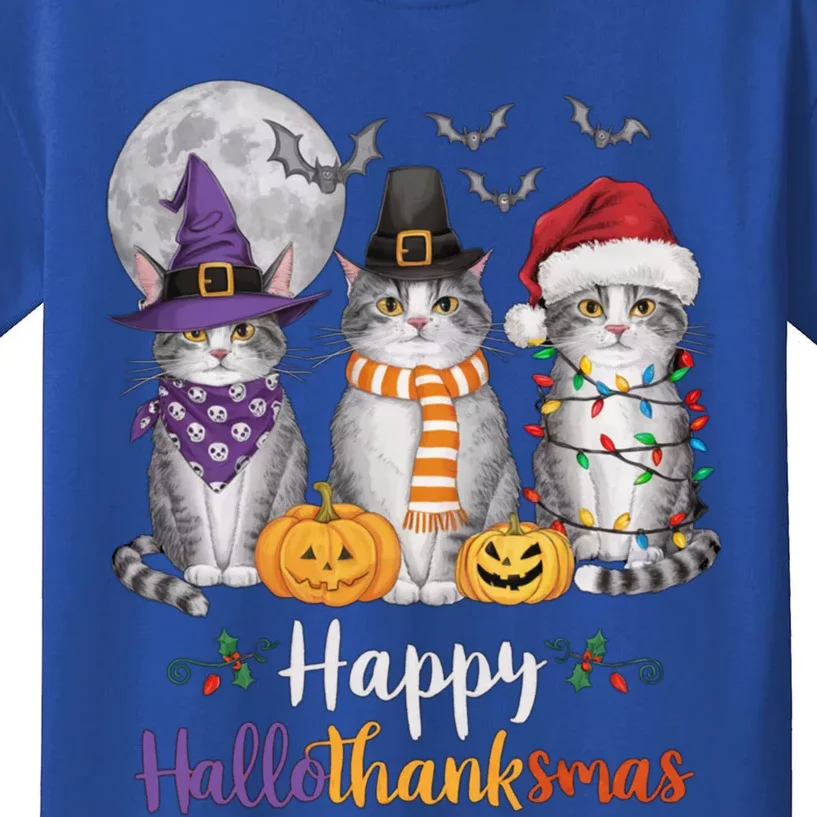 Hallothanksmas Cat Lover Gift Halloween Thanksgiving Christmas Kids T-Shirt