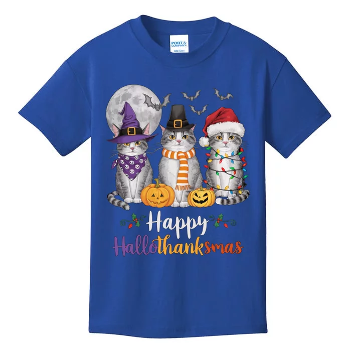 Hallothanksmas Cat Lover Gift Halloween Thanksgiving Christmas Kids T-Shirt