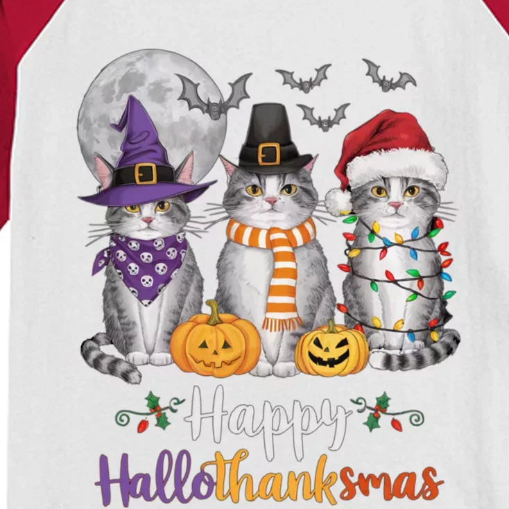 Hallothanksmas Cat Lover Gift Halloween Thanksgiving Christmas Kids Colorblock Raglan Jersey