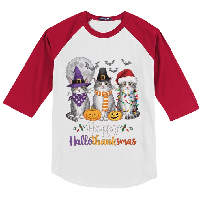 Hallothanksmas Cat Lover Gift Halloween Thanksgiving Christmas Kids Colorblock Raglan Jersey