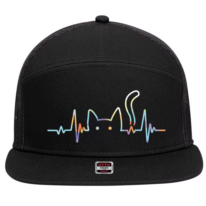 Heartbeat Cat Lover Animal Silhouette Cute Cat 7 Panel Mesh Trucker Snapback Hat