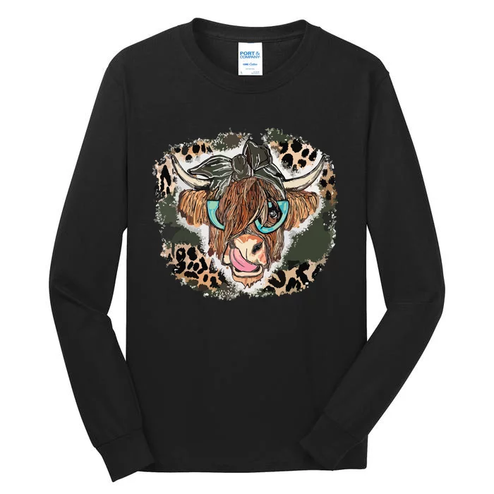 Highland Cow Leopard Bandana Cowgirl Cowhide Western Tall Long Sleeve T-Shirt