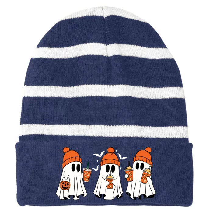 Halloween Coffee Lover Ghost Striped Beanie with Solid Band