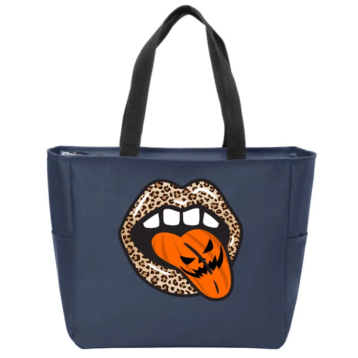 Halloween Cheetah Lips Pumpkin Zip Tote Bag