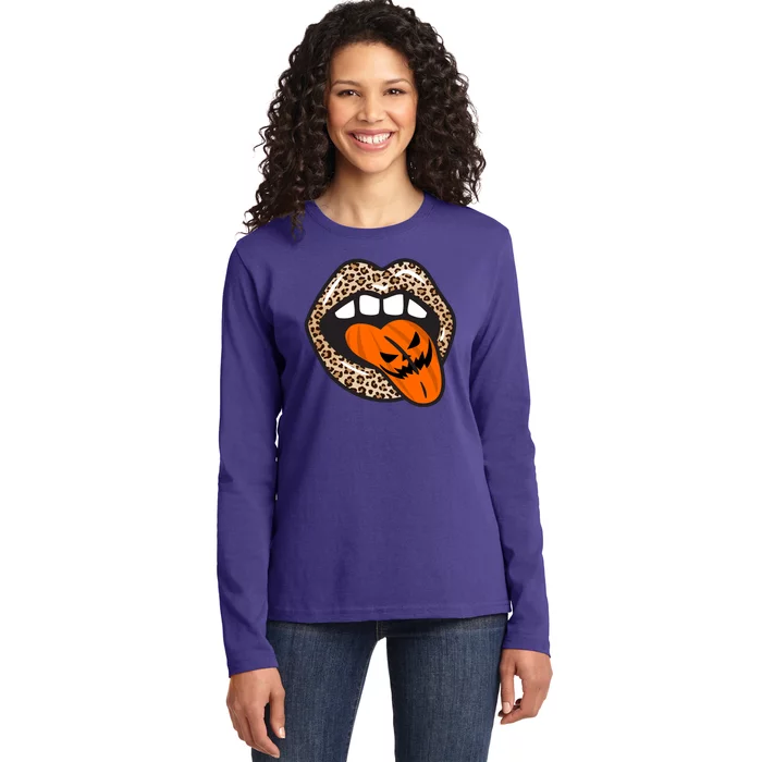 Halloween Cheetah Lips Pumpkin Ladies Long Sleeve Shirt