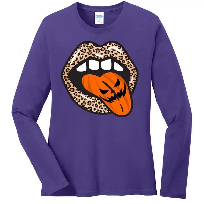 Halloween Cheetah Lips Pumpkin Ladies Long Sleeve Shirt