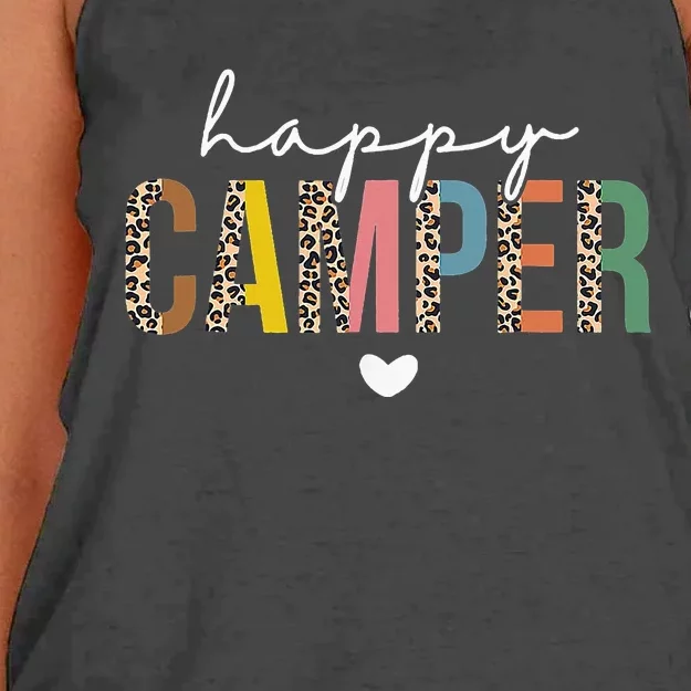 Happy Camper Leopard Camping Lover Outdoor Activities Camper Women's Knotted Racerback Tank