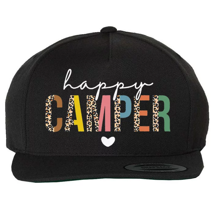 Happy Camper Leopard Camping Lover Outdoor Activities Camper Wool Snapback Cap