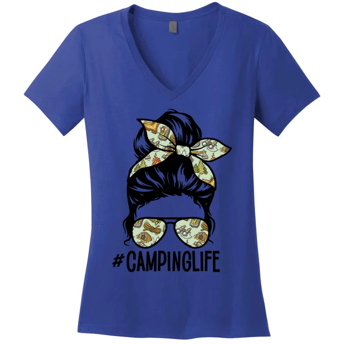 Hashtag Camping Life Campfire Happy Camp Mom Messy Bun Cute Gift Women's V-Neck T-Shirt