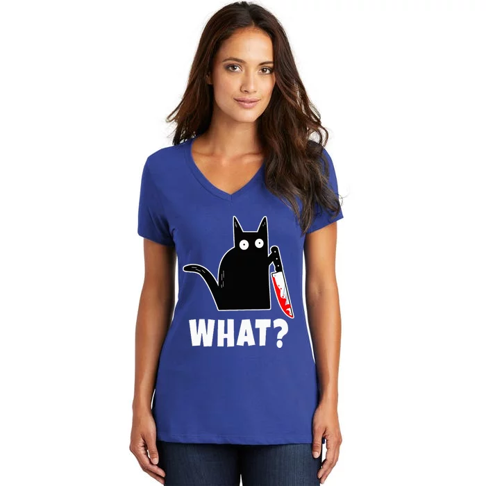 Halloween Costume Murderous Cat Bloody Knife Women's V-Neck T-Shirt