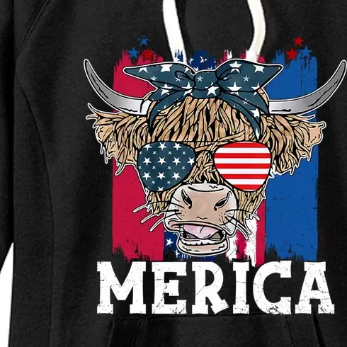 Highland Cow Merica Tee 4th Of July American Flag Usa Gift Women's Fleece Hoodie