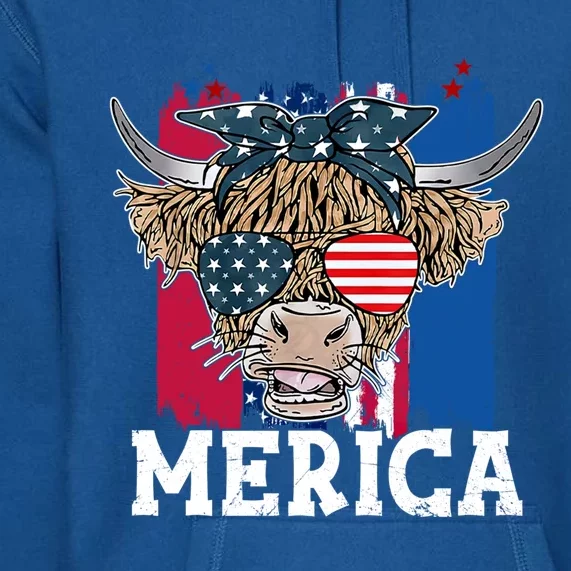 Highland Cow Merica Tee 4th Of July American Flag Usa Gift Premium Hoodie