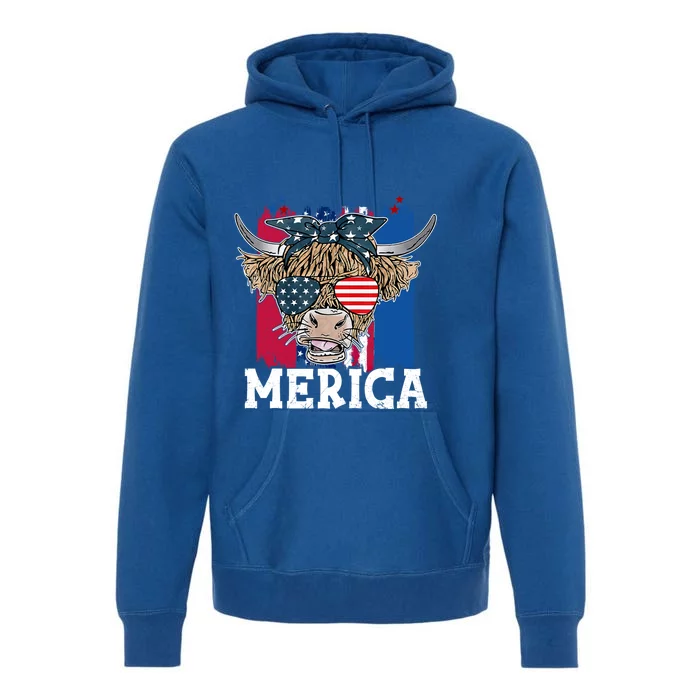 Highland Cow Merica Tee 4th Of July American Flag Usa Gift Premium Hoodie