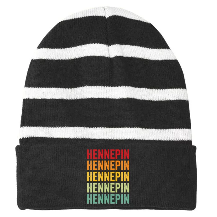 Hennepin County Minnesota Rainbow Text Design Striped Beanie with Solid Band