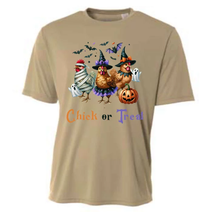 Halloween Chick Or Treat Pumpkins Chickens Farmer Funny Cooling Performance Crew T-Shirt