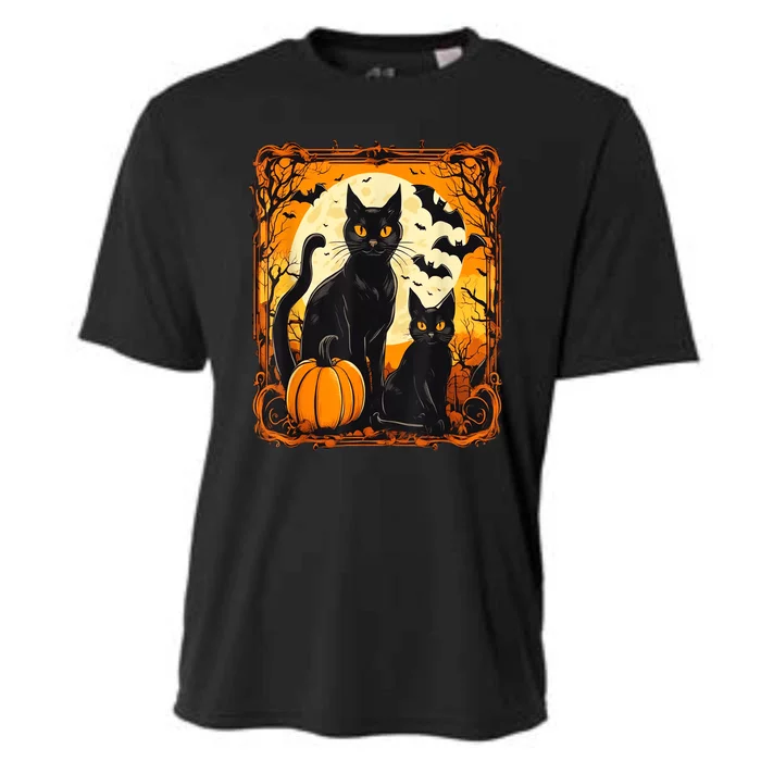 Halloween Cat Orange Moon And Bats And Scary Pumpkins Cooling Performance Crew T-Shirt