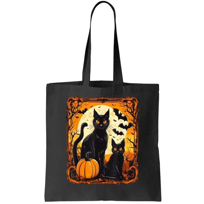 Halloween Cat Orange Moon And Bats And Scary Pumpkins Tote Bag