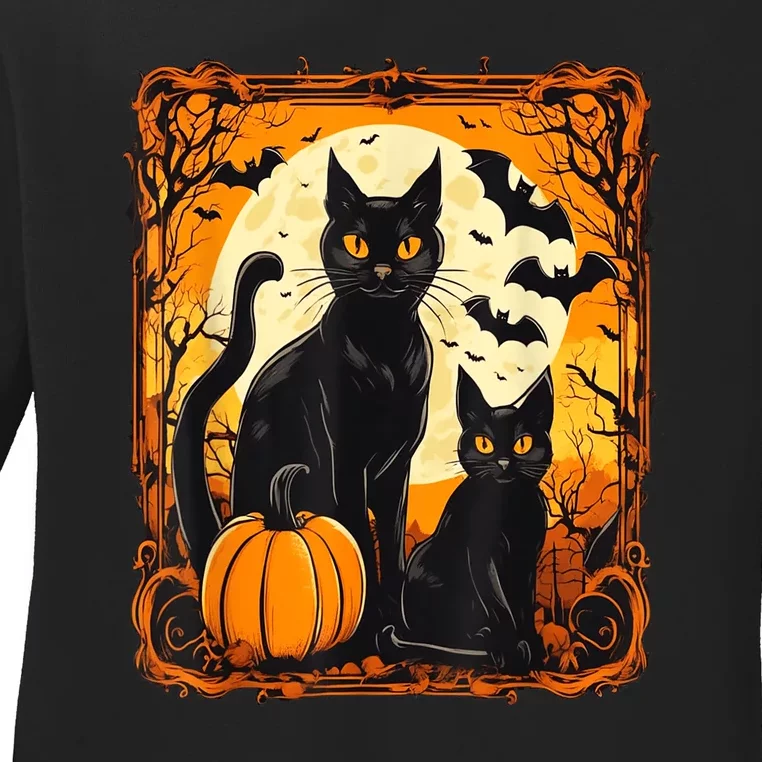 Halloween Cat Orange Moon And Bats And Scary Pumpkins Ladies Long Sleeve Shirt