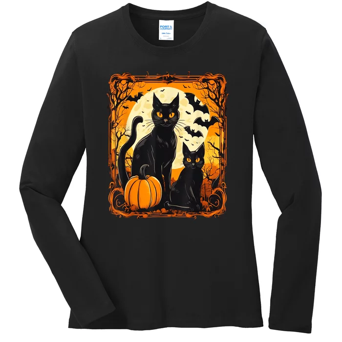 Halloween Cat Orange Moon And Bats And Scary Pumpkins Ladies Long Sleeve Shirt