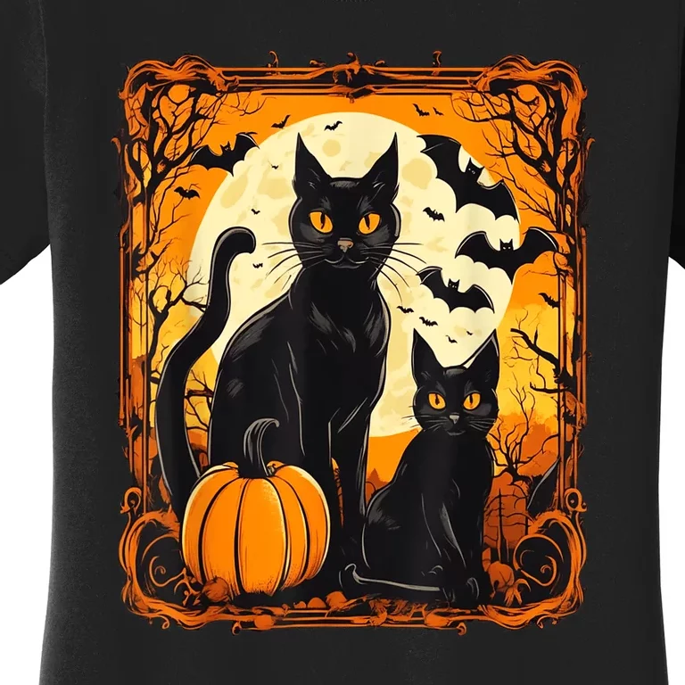 Halloween Cat Orange Moon And Bats And Scary Pumpkins Women's T-Shirt