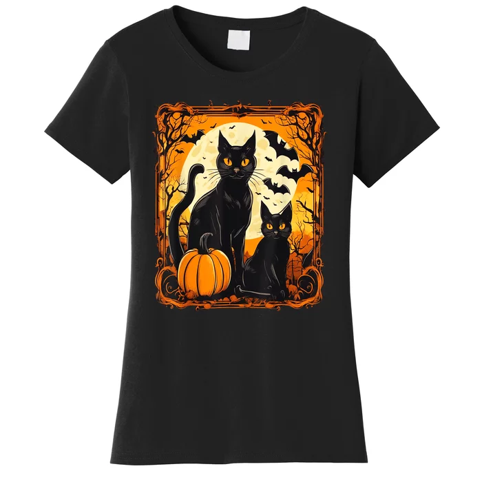 Halloween Cat Orange Moon And Bats And Scary Pumpkins Women's T-Shirt