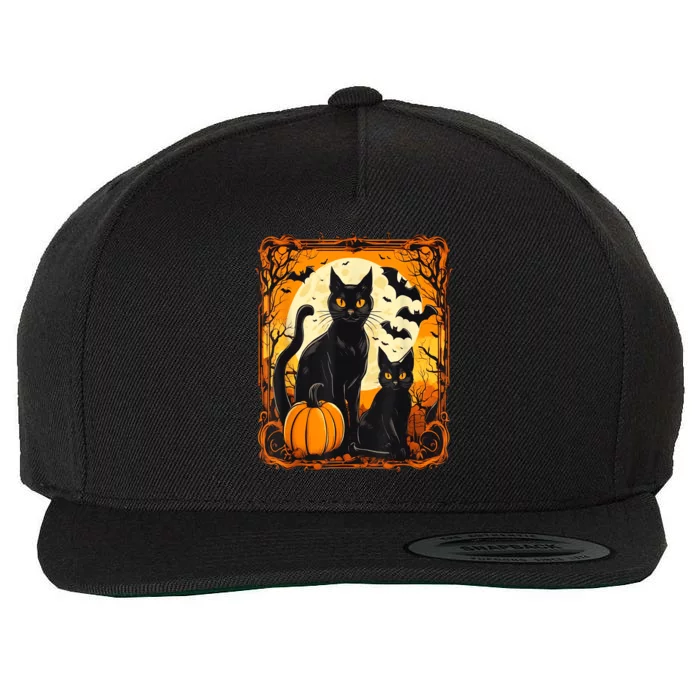 Halloween Cat Orange Moon And Bats And Scary Pumpkins Wool Snapback Cap