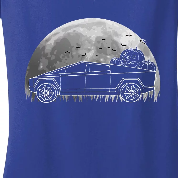 Halloween CyberTrucks Pumpkin Truck EV Electric Car Lover Women's V-Neck T-Shirt