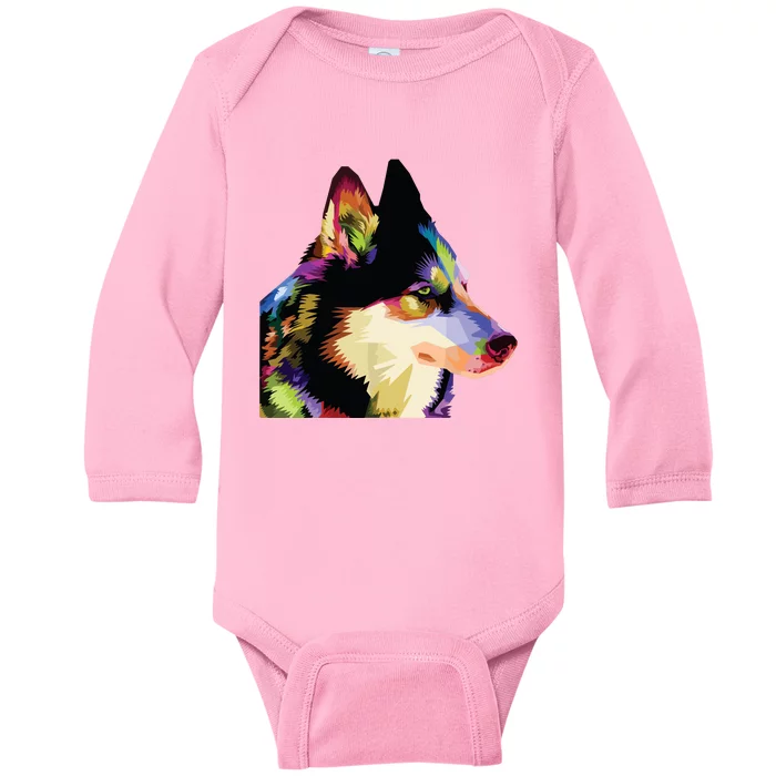 Husky Colorful Pop Art Portrait For Dog Owners Chukcha Sibe Baby Long Sleeve Bodysuit