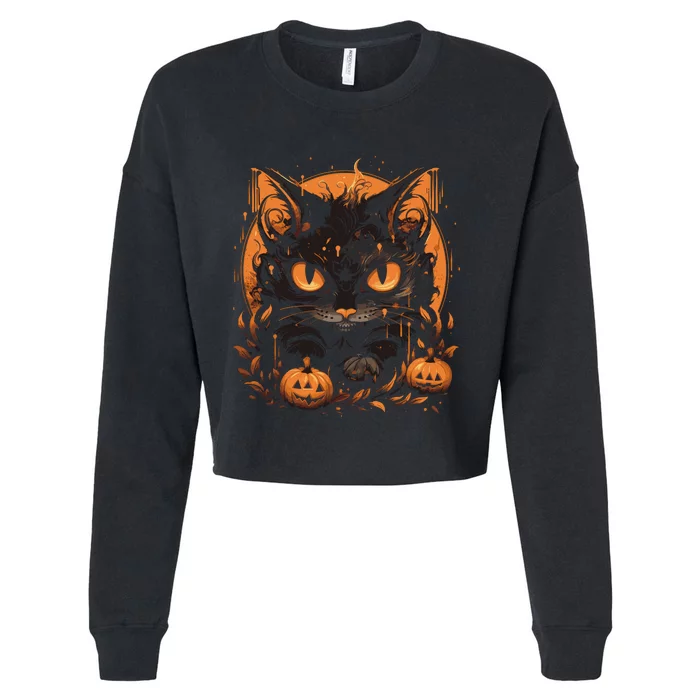 Halloween Cat Pumpkins Cropped Pullover Crew