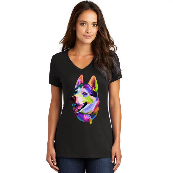 Huskie Colorful Pop Art Portrait For Dog Owners Chukcha Sibe Women's V-Neck T-Shirt