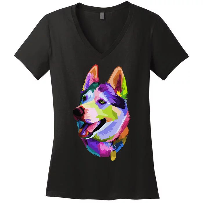 Huskie Colorful Pop Art Portrait For Dog Owners Chukcha Sibe Women's V-Neck T-Shirt