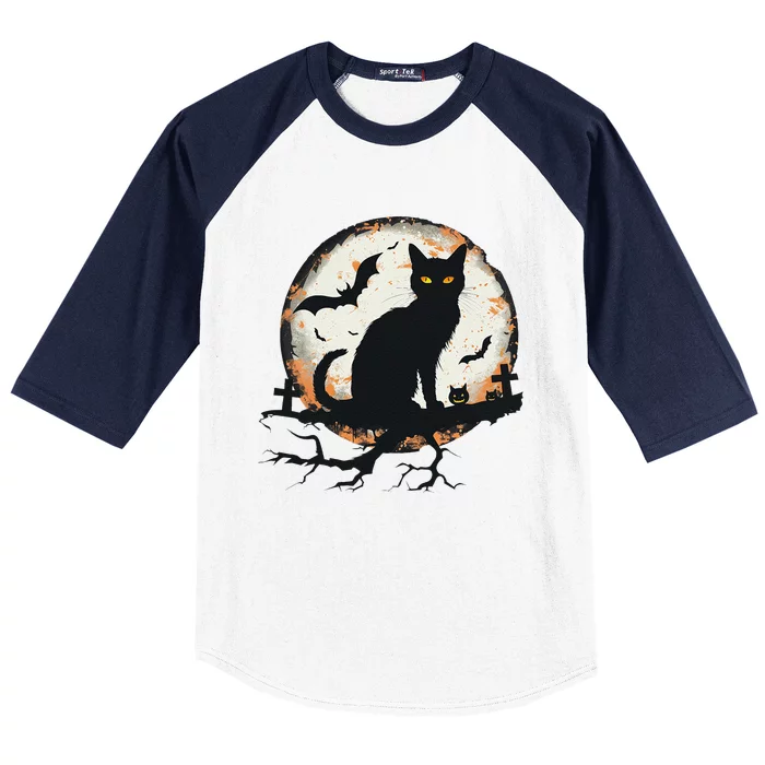 Halloween Cat Pumpkin Bat Moon Cemetery Scary Baseball Sleeve Shirt