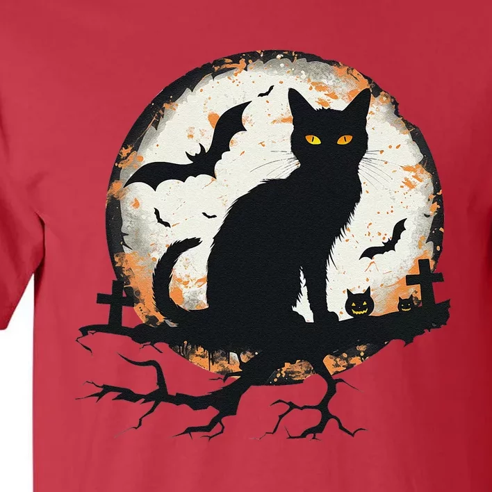 Halloween Cat Pumpkin Bat Moon Cemetery Scary Tall T-Shirt