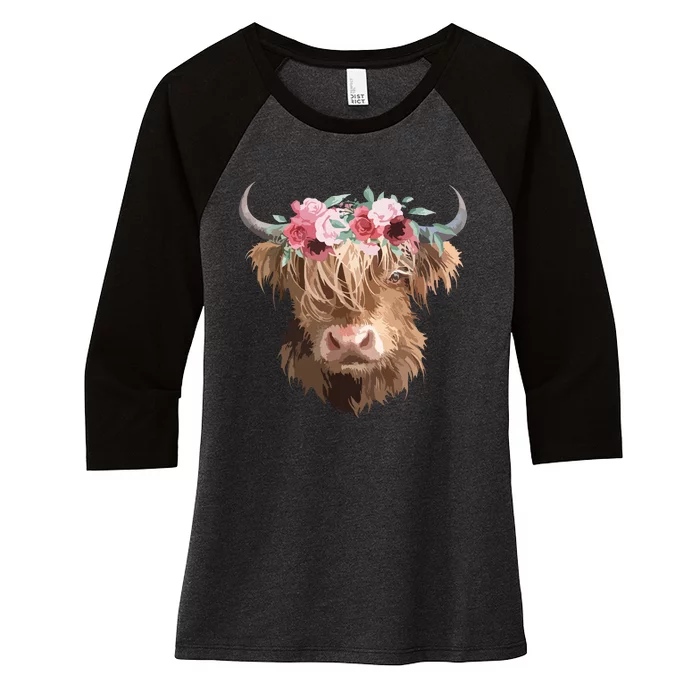 Highland Cow Painting Women's Tri-Blend 3/4-Sleeve Raglan Shirt