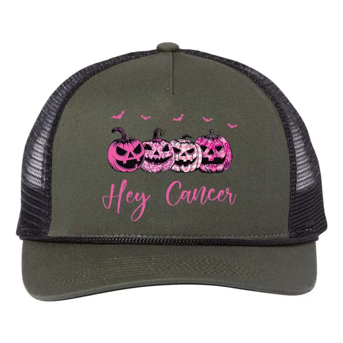 Hey Cancer Pin.K Ribbon Pumpkin Jack O Lantern Breast Cancer Retro Rope Trucker Hat Cap