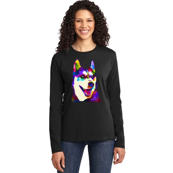 Husky Colorful Pop Art Portrait For Dog Owners Chukcha Sibe Ladies Long Sleeve Shirt