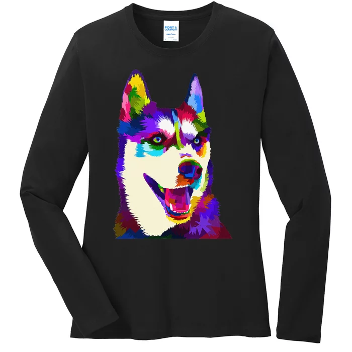 Husky Colorful Pop Art Portrait For Dog Owners Chukcha Sibe Ladies Long Sleeve Shirt