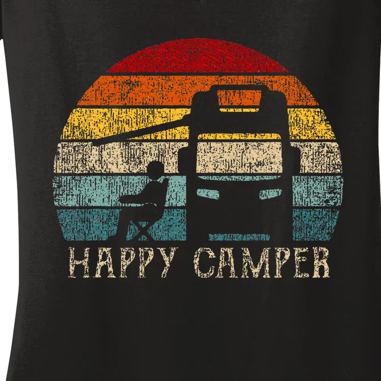 Happy Camper Rv Camping Retro Sun 70s 80s Women's V-Neck T-Shirt