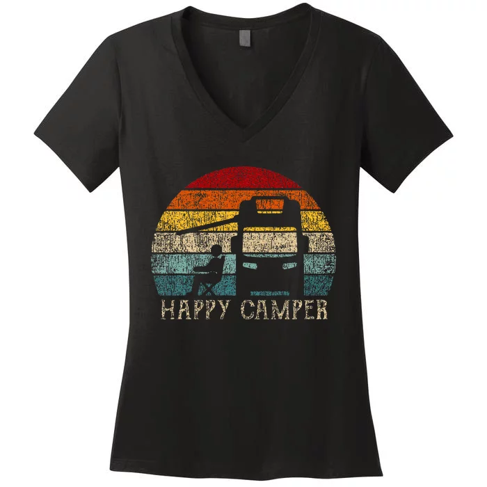 Happy Camper Rv Camping Retro Sun 70s 80s Women's V-Neck T-Shirt