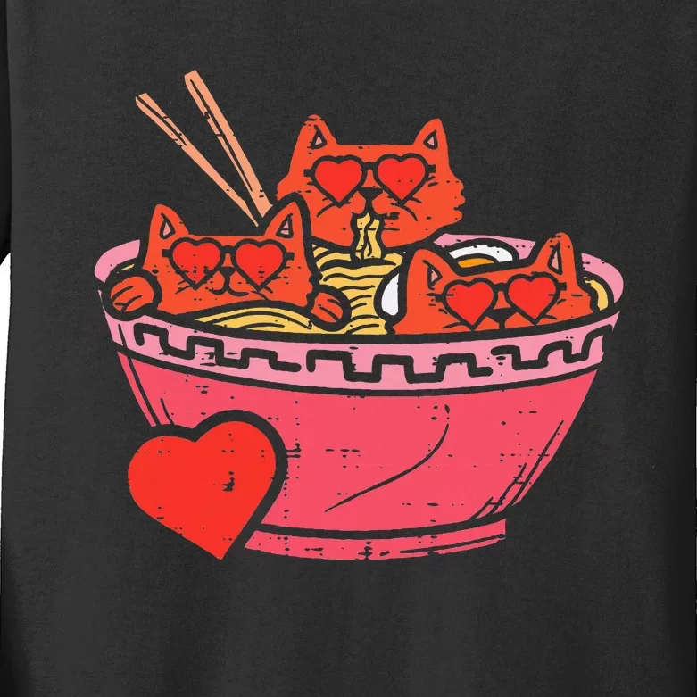 Heart Cats Ramen Noodles Anime Cute Valentines Day Kitten Kids Long Sleeve Shirt