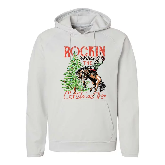 Hilarious Cowboy Rocking Christmas Tree Western Decor Performance Fleece Hoodie