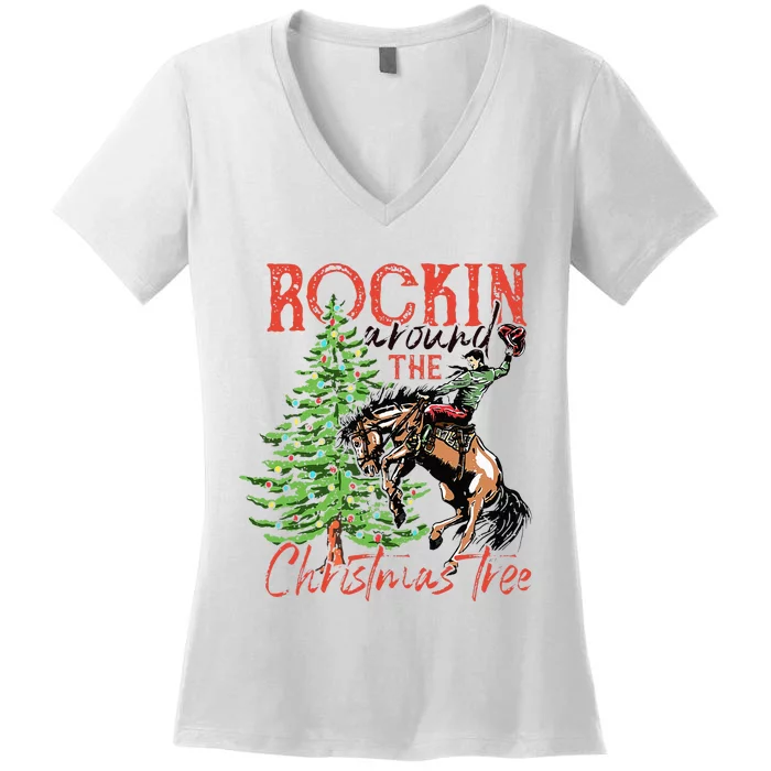 Hilarious Cowboy Rocking Christmas Tree Western Decor Women's V-Neck T-Shirt