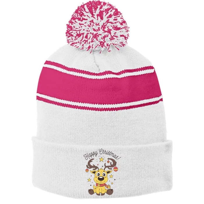 Happy Christmas Reindeer Holiday Stripe Pom Pom Beanie